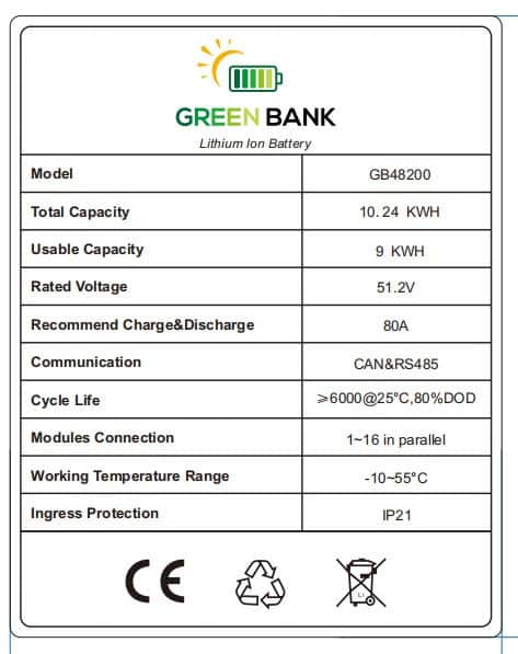 Green Bank Solar LiFePO4 10 KWH lithium battery 48V 200AH - GB48200 (CEC Approved Battery)