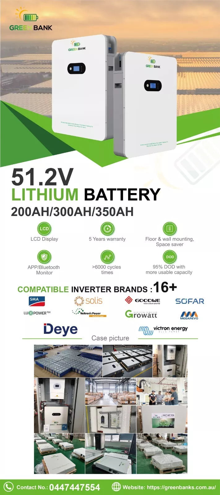 Green Bank Off Grid items – 12KW Green Bank MITS12KW P1 Inverters + 20.48 KWH lithium LiFePo4 battery (2 x 10.24KWH) + 12 x 550W 6.6KW Solar Panels