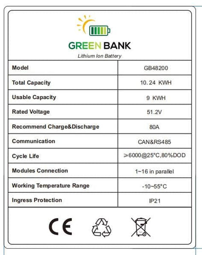 Green Bank Solar LiFePO4 10 KWH lithium battery 48V 200AH - GB48200