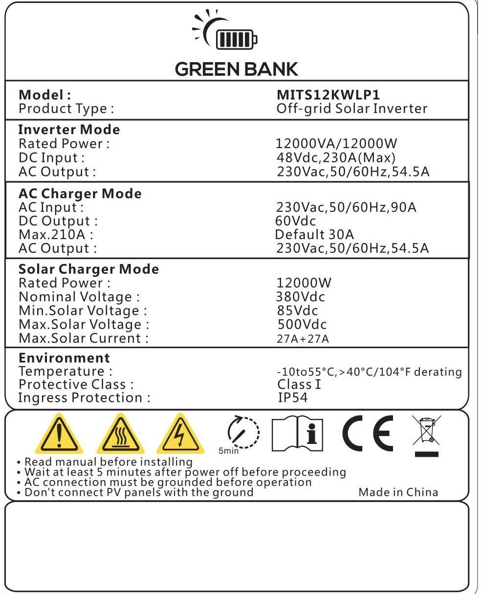 Green Bank Solar Inverter 12KW MITS12KWP1 48volt