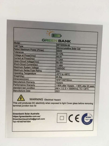 Green Bank 96 Cells 550 Watt MonoCrystalline Solar Panel