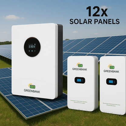 Green Bank Off Grid items – 12KW Green Bank MITS12KW P1 Inverters + 20.48 KWH lithium LiFePo4 battery (2 x 10.24KWH) + 12 x 550W 6.6KW Solar Panels