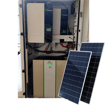 Green Bank Off Grid 10KW System (2x Growatt 5.0 KW Single Phase Inverters) + 12 KWH lithium LiFePo4 battery + 24x 550W 13.2KW Solar Panels